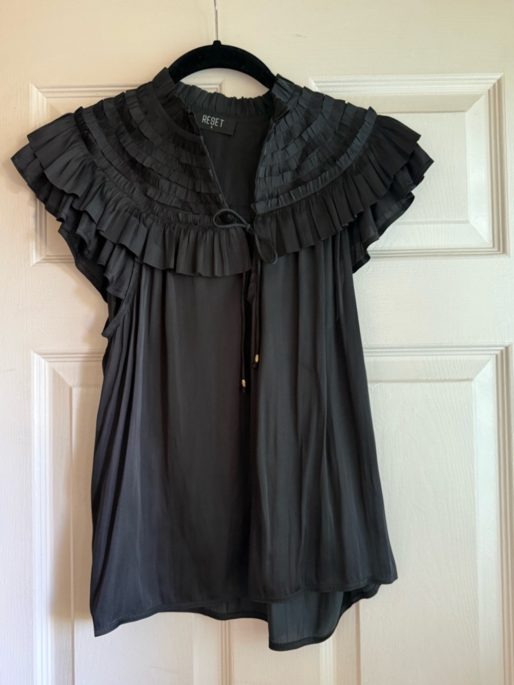 Reset Ruffled Yoke Tie-Front Blouse in Black
